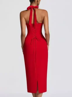 Halter Neck Lace Up Back Bodycon Midi Dress For Women 2026