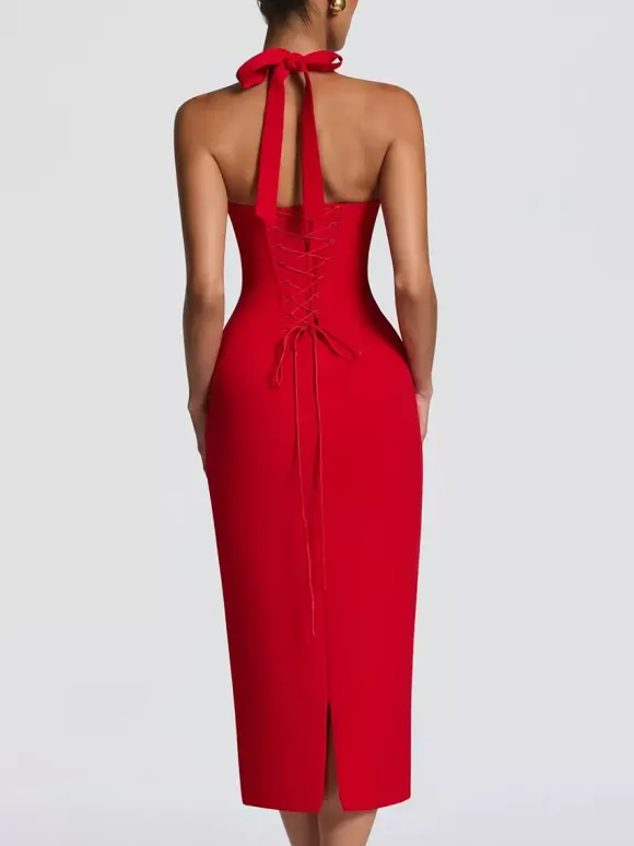 Halter Neck Lace Up Back Bodycon Midi Dress For Women 2026