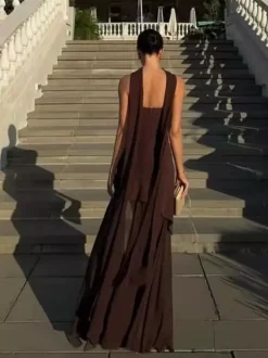 Halter Neck Layered Irregular Hem Sleeveless Maxi Dress For Women 2026
