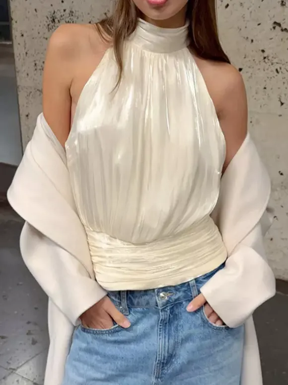 Halter Neck Ruched Sleeveless Backless Party Blouse Top For Women 2026