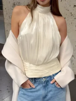 Halter Neck Ruched Sleeveless Backless Party Blouse Top For Women 2026