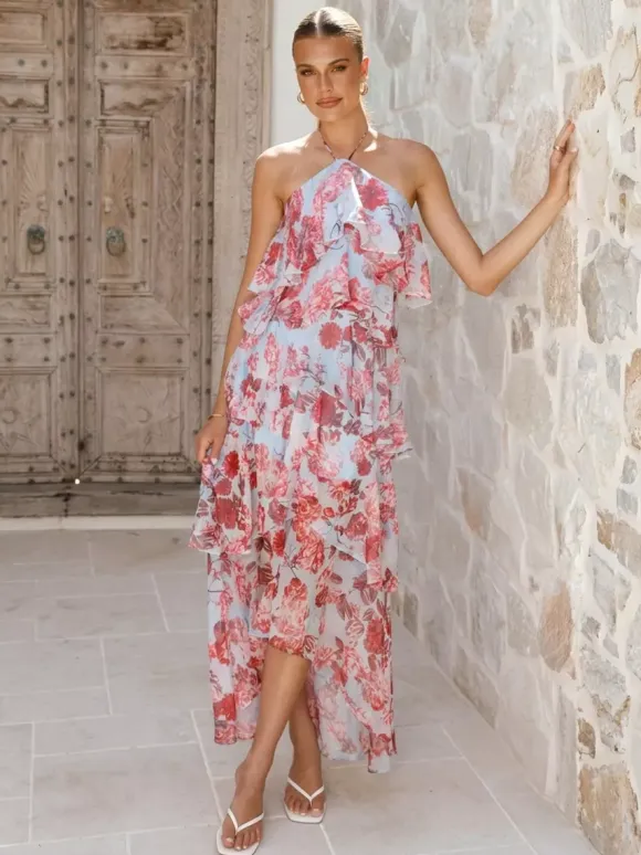 Halter Ruffle Maxi Dress For Women - Elegant Backless Tiered Chiffon High Low Sun Dress - Summer Date Night Outfit 2026