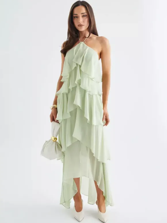 Halter Ruffle Maxi Dress For Women - Elegant Backless Tiered Chiffon High Low Sun Dress - Summer Date Night Outfit 2026