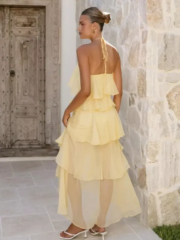 Halter Ruffle Maxi Dress For Women - Elegant Backless Tiered Chiffon High Low Sun Dress - Summer Date Night Outfit 2026