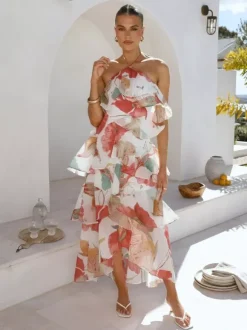 Halter Ruffle Maxi Dress For Women - Elegant Backless Tiered Chiffon High Low Sun Dress - Summer Date Night Outfit 2026