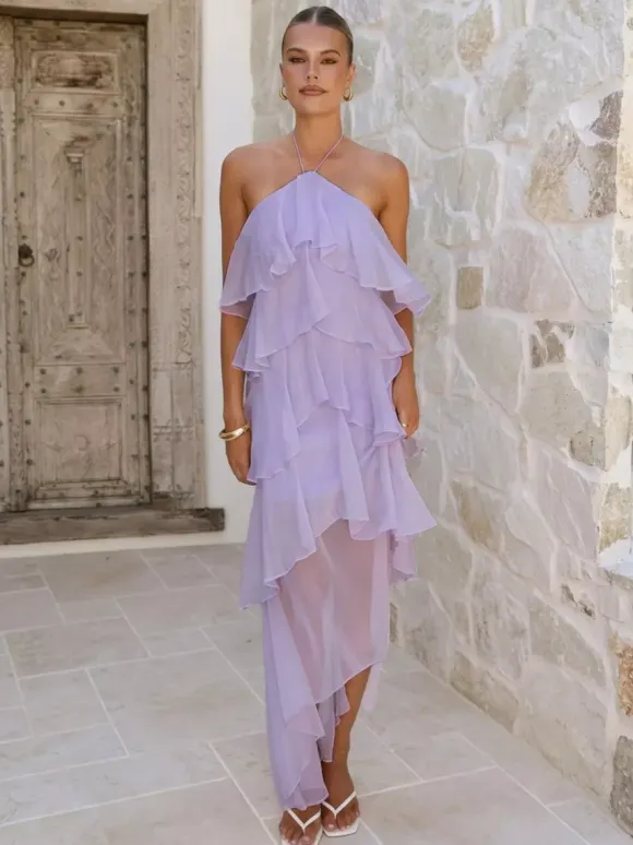 Halter Ruffle Maxi Dress For Women - Elegant Backless Tiered Chiffon High Low Sun Dress - Summer Date Night Outfit 2026
