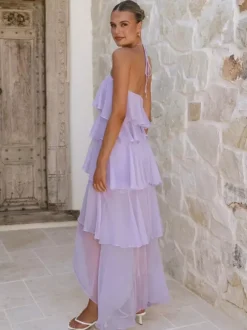 Halter Ruffle Maxi Dress For Women - Elegant Backless Tiered Chiffon High Low Sun Dress - Summer Date Night Outfit 2026