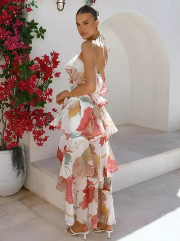 Halter Ruffle Maxi Dress For Women - Elegant Backless Tiered Chiffon High Low Sun Dress - Summer Date Night Outfit 2026