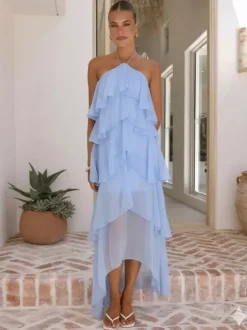 Halter Ruffle Maxi Dress For Women - Elegant Backless Tiered Chiffon High Low Sun Dress - Summer Date Night Outfit 2026