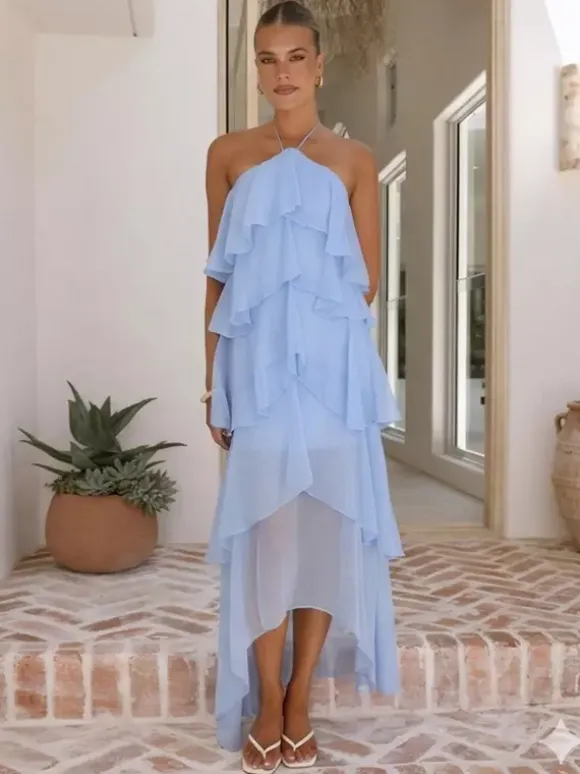 Halter Ruffle Maxi Dress For Women - Elegant Backless Tiered Chiffon High Low Sun Dress - Summer Date Night Outfit 2026