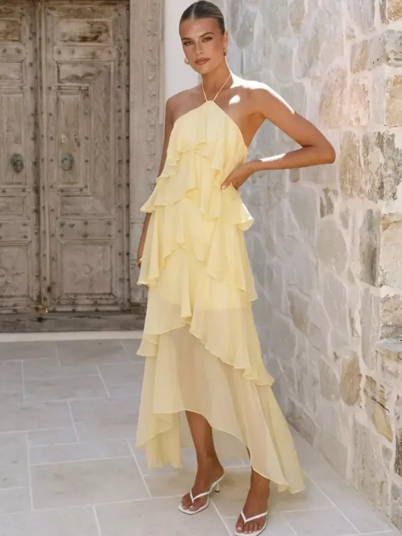 Halter Ruffle Maxi Dress For Women - Elegant Backless Tiered Chiffon High Low Sun Dress - Summer Date Night Outfit 2026