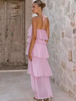 Halter Ruffle Maxi Dress For Women - Elegant Backless Tiered Chiffon High Low Sun Dress - Summer Date Night Outfit 2026