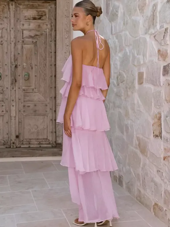 Halter Ruffle Maxi Dress For Women - Elegant Backless Tiered Chiffon High Low Sun Dress - Summer Date Night Outfit 2026