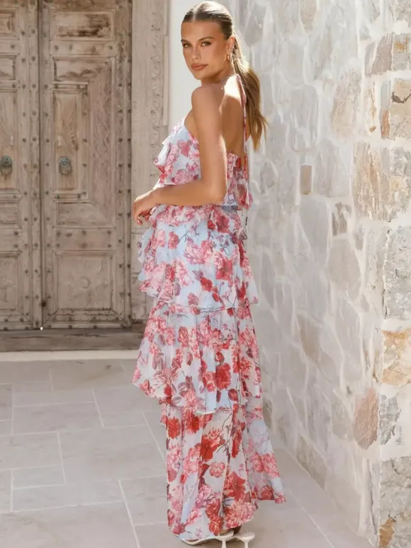 Halter Ruffle Maxi Dress For Women - Elegant Backless Tiered Chiffon High Low Sun Dress - Summer Date Night Outfit 2026