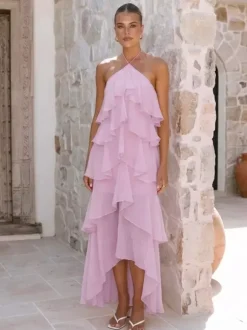 Halter Ruffle Maxi Dress For Women - Elegant Backless Tiered Chiffon High Low Sun Dress - Summer Date Night Outfit 2026