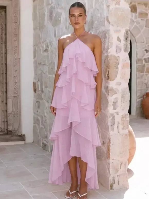 Halter Ruffle Maxi Dress For Women - Elegant Backless Tiered Chiffon High Low Sun Dress - Summer Date Night Outfit 2026
