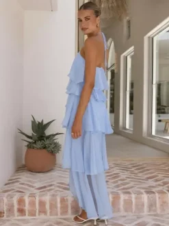 Halter Ruffle Maxi Dress For Women - Elegant Backless Tiered Chiffon High Low Sun Dress - Summer Date Night Outfit 2026