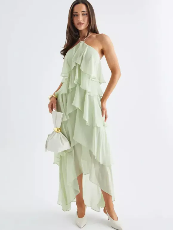 Halter Ruffle Maxi Dress For Women - Elegant Backless Tiered Chiffon High Low Sun Dress - Summer Date Night Outfit 2026