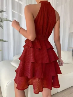 Halter Short Dress Sleeveless Pleated Belted Tulle Tiered Party Cocktail Dresses