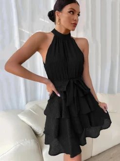Halter Short Dress Sleeveless Pleated Belted Tulle Tiered Party Cocktail Dresses