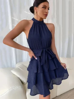 Halter Short Dress Sleeveless Pleated Belted Tulle Tiered Party Cocktail Dresses