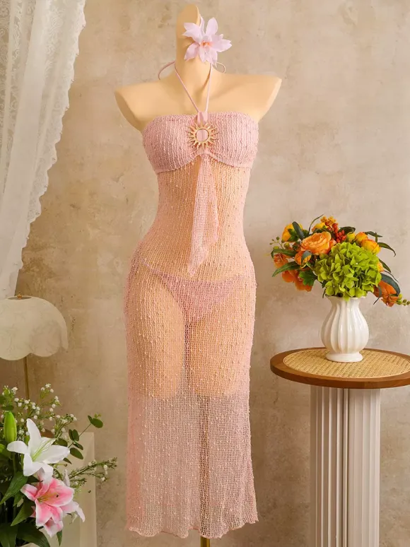 Halter Sun Button Hollow Knit Sheer Mesh Beach Cover Up Midi Dress