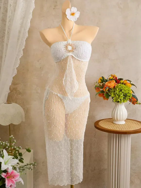 Halter Sun Button Hollow Knit Sheer Mesh Beach Cover Up Midi Dress
