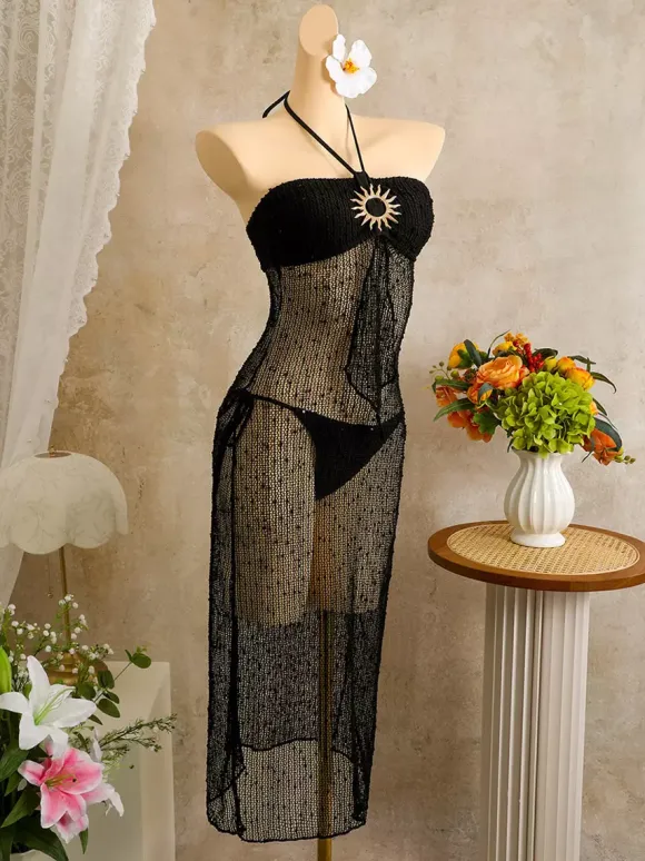 Halter Sun Button Hollow Knit Sheer Mesh Beach Cover Up Midi Dress