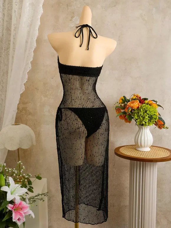 Halter Sun Button Hollow Knit Sheer Mesh Beach Cover Up Midi Dress