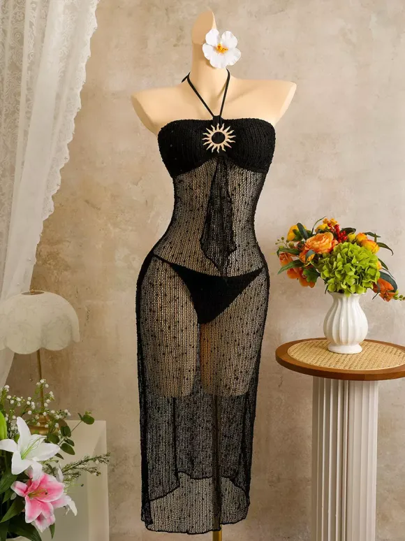 Halter Sun Button Hollow Knit Sheer Mesh Beach Cover Up Midi Dress