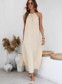 Halter Backless Maxi Dress for Women - Apricot Boho Side Slit Tassel Tie Loose Fit Cotton Sundress - Summer Beach Resort 2026