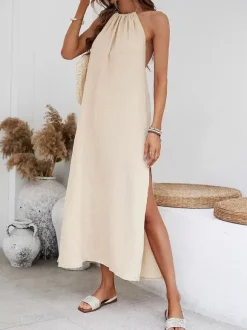 Halter Backless Maxi Dress for Women - Apricot Boho Side Slit Tassel Tie Loose Fit Cotton Sundress - Summer Beach Resort 2026