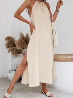 Halter Backless Maxi Dress for Women - Apricot Boho Side Slit Tassel Tie Loose Fit Cotton Sundress - Summer Beach Resort 2026