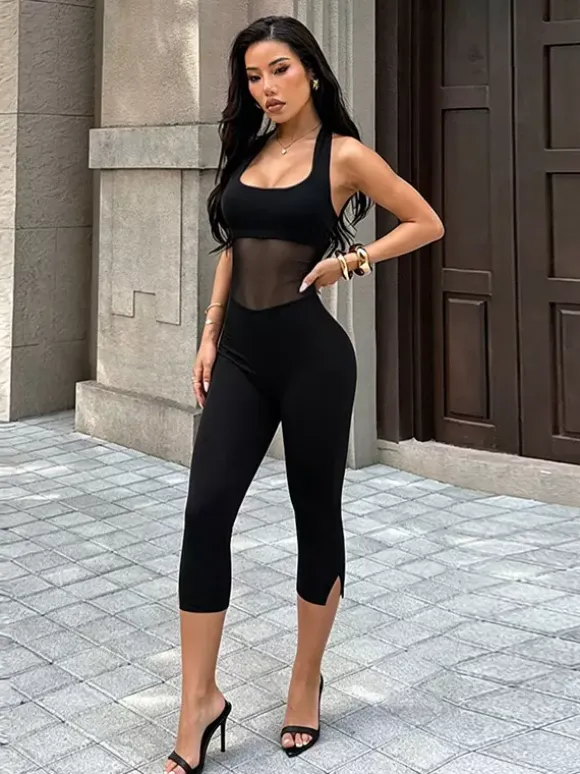 Halter Backless Mesh Cutout Capri Jumpsuit Sleeveless Bodycon Cropped Leg Jumpsuit
