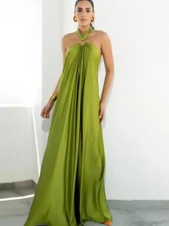Halter Backless Women Maxi Dress - Satin Minimalist Flowy Gown - Summer Vacation Beach Party 2026