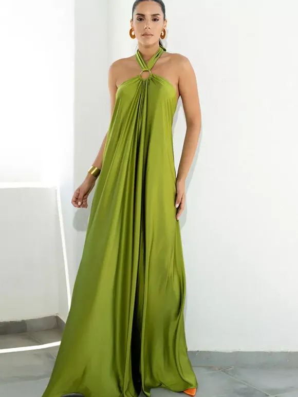 Halter Backless Women Maxi Dress - Satin Minimalist Flowy Gown - Summer Vacation Beach Party 2026
