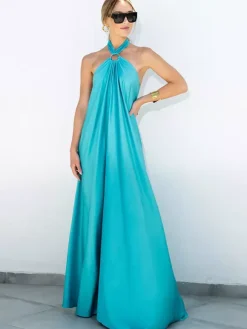 Halter Backless Women Maxi Dress - Satin Minimalist Flowy Gown - Summer Vacation Beach Party 2026