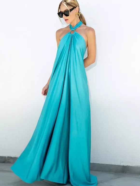 Halter Backless Women Maxi Dress - Satin Minimalist Flowy Gown - Summer Vacation Beach Party 2026
