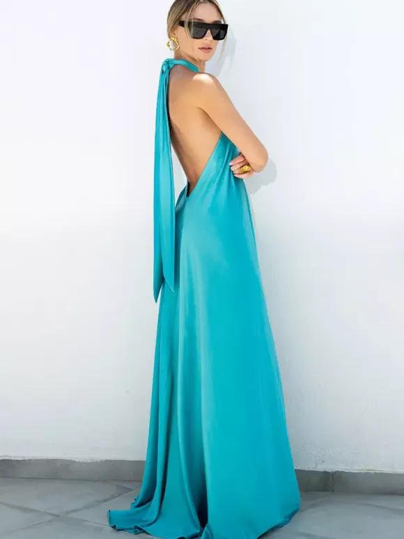 Halter Backless Women Maxi Dress - Satin Minimalist Flowy Gown - Summer Vacation Beach Party 2026