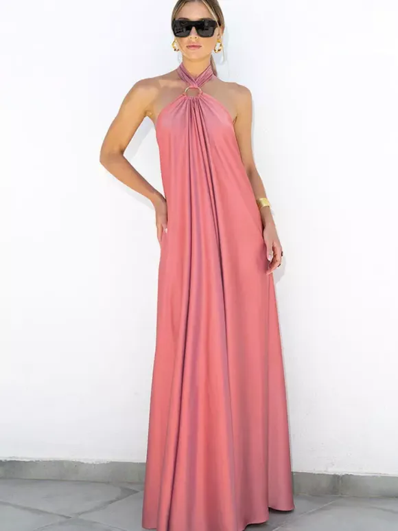 Halter Backless Women Maxi Dress - Satin Minimalist Flowy Gown - Summer Vacation Beach Party 2026