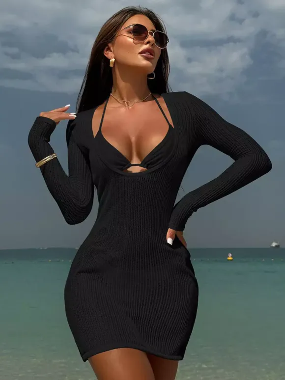 Halter Bikini And Long Sleeve U-neck Mini Dress Cover-up 3 Piece Swimsuit Set 2026