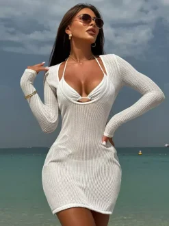 Halter Bikini And Long Sleeve U-neck Mini Dress Cover-up 3 Piece Swimsuit Set 2026