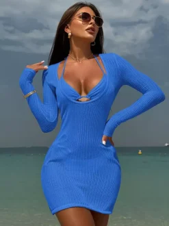 Halter Bikini And Long Sleeve U-neck Mini Dress Cover-up 3 Piece Swimsuit Set 2026