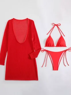 Halter Bikini And Long Sleeve U-neck Mini Dress Cover-up 3 Piece Swimsuit Set 2026