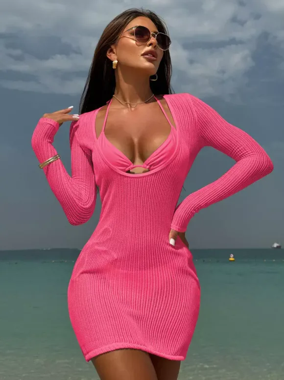 Halter Bikini And Long Sleeve U-neck Mini Dress Cover-up 3 Piece Swimsuit Set 2026