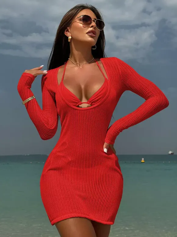 Halter Bikini And Long Sleeve U-neck Mini Dress Cover-up 3 Piece Swimsuit Set 2026