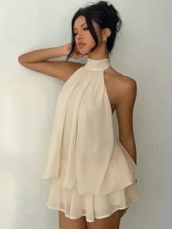 Halter Bubble Mini Dress For Women - Elegant Pleated Backless Loose Fit Chiffon Skater Dress - Summer Beach Vacation 2026