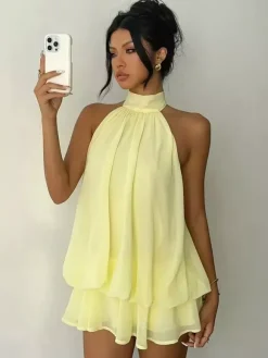 Halter Bubble Mini Dress For Women - Elegant Pleated Backless Loose Fit Chiffon Skater Dress - Summer Beach Vacation 2026