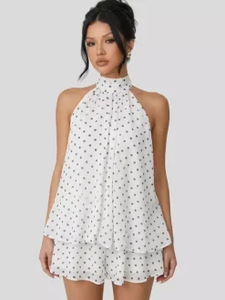 Halter Bubble Mini Dress For Women - Elegant Pleated Backless Loose Fit Chiffon Skater Dress - Summer Beach Vacation 2026