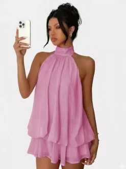 Halter Bubble Mini Dress For Women - Elegant Pleated Backless Loose Fit Chiffon Skater Dress - Summer Beach Vacation 2026